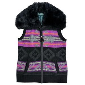 VTG Ralph Lauren Active Vest Southwestern Aztec Lambswool Faux Fur Collar Medium